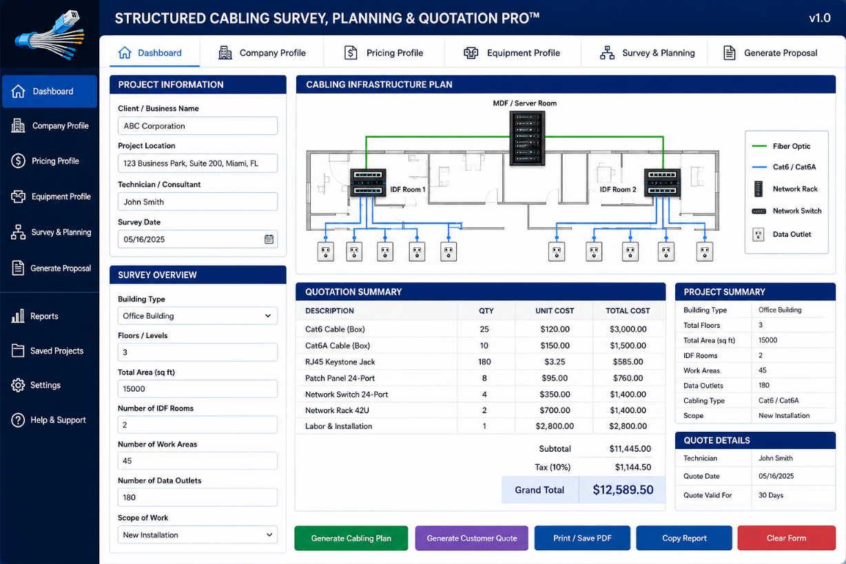 Structured Cabling Survey, Planning & Quotation Pro Software Preview
